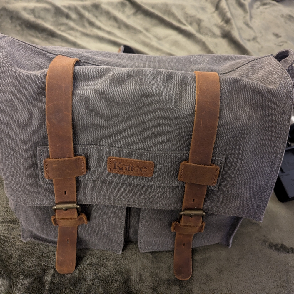 Gray and Brown Canvas Messenger Bag